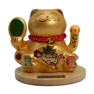 Solarna Money Cat figurica s drvenim postoljem – Zlatna