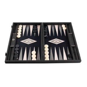 Ručno radjeni biserno sivi backgammon sa intarzijama svijetlo sivim i sivim vrhovima i bočnim policama u kutiji 38x23cm